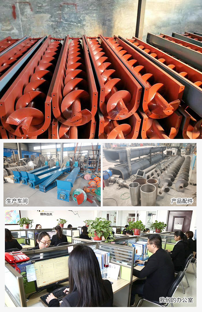 絞龍螺旋輸送機產(chǎn)品，廠區(qū)，以及辦公場地展示圖。